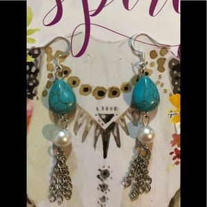 TURQUOISE DROP WITH PEARL & SILVER CHAIN EARRINGS